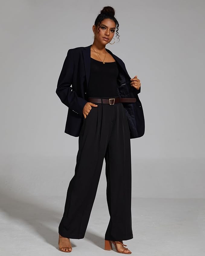 FUNYYZO Women's Wide Leg Pants High Elastic Waisted in The Back Business Work Trousers Long Straight Suit Pants