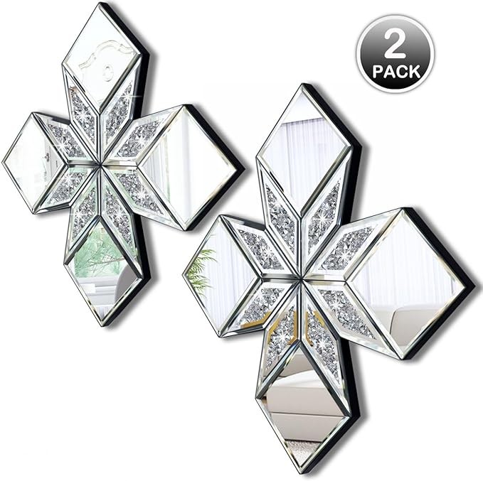 VOHJD Crushed Diamond Decorative Mirror 2 Pack 16.75x16.75” Diamond Shape Glass Decor Wall Mirror for Home Decor, Accent Mirror