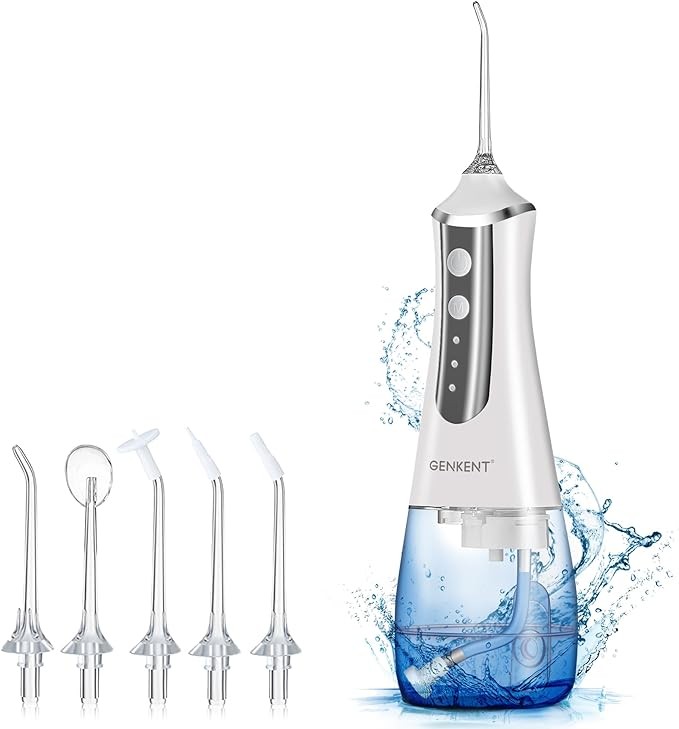GENKENT Water Dental Flosser Cordless for Teeth Cleaning 300ML Dental Oral Irrigator 3 Modes 5 Tips Rechargeable Waterproof Electric Flossing for Home Travel (White)