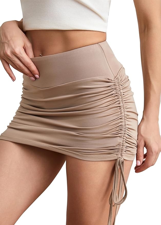 EG CHRIS G Women's White Mini Skirt Side Drawstring Stretchy Ruched Bodycon Short Mini Skirt…