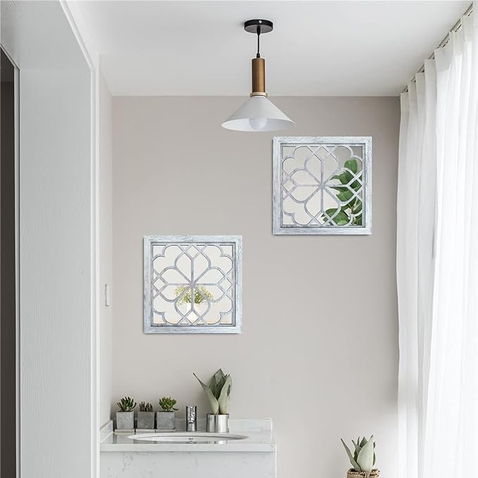 Wocred 2 PCS Square Wall Mirror,Gorgeous Rustic Farmhouse Accent Mirror,Rustic White Color Entry Mirror for Bathroom Renovation,Bedrooms,Living Rooms and More(12”x12”)