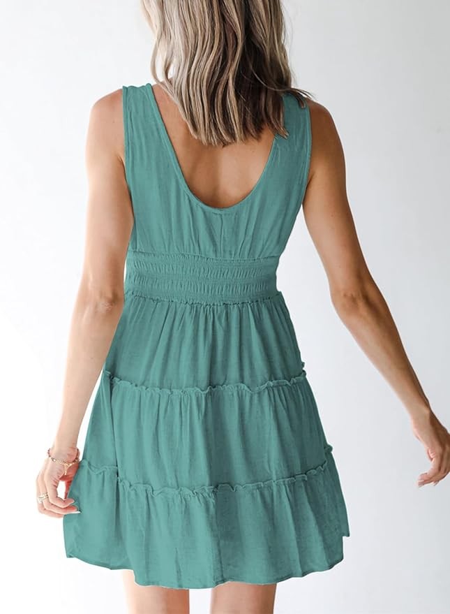 Dokotoo Womens Summer Dresses 2024 Sleeveless Button Down Smocked Elastic Waist Ruffle Tiered Casual Swing Mini Dress