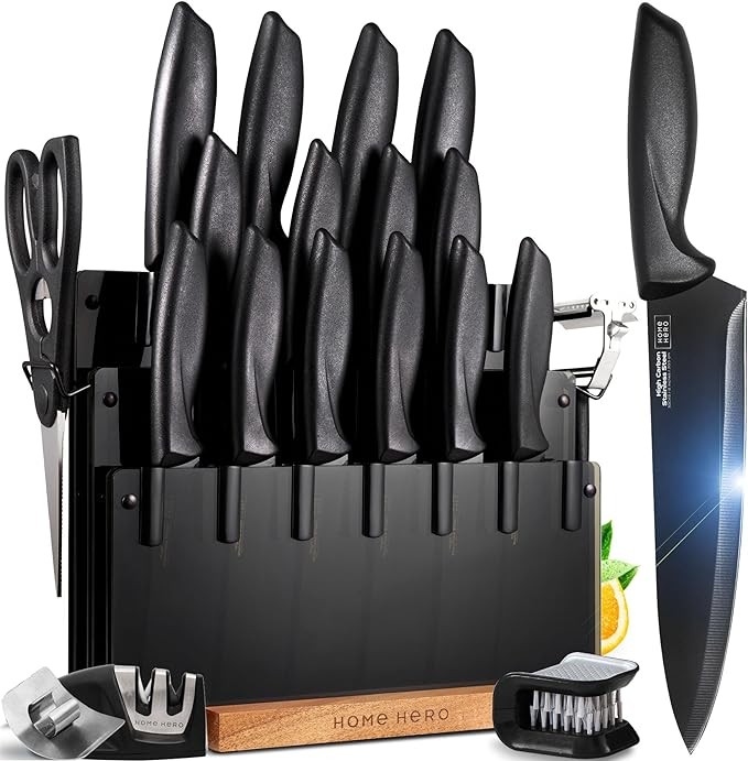 Home Hero Kitchen Knife Set with Sharpener - High Carbon Stainless Steel Knife Block Set with Ergonomic Handles (20 Pcs - Black