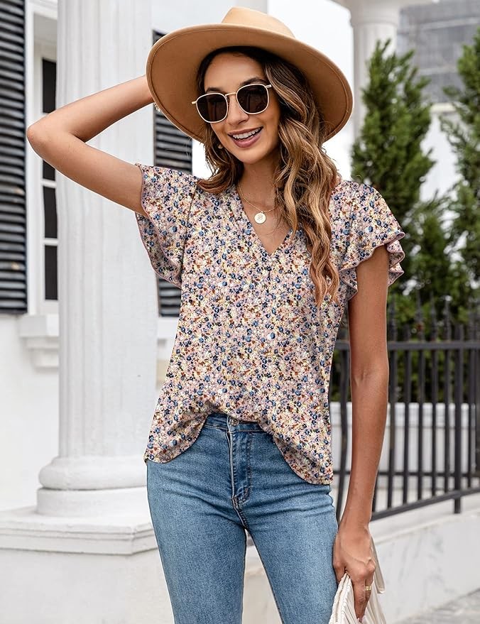 LOMON Womens Tops Dressy Casual Summer Flutter Sleeve T-Shirts Ruffle Short Sleeve Loose V Neck Tunic Tops