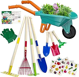 Qtioucp Kids Gardening Tools Outdoor Toys Set Backyard Play with Wheelbarrow Educational STEM Learning Pretend Toys Outdoor Indoor for Toddlers Kids Boys Girls (Green)