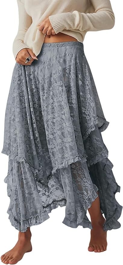 R.Vivimos Women Lace Long Skirts Summer Elastic Asymmetrical Layered Hem Sexy See-Through Beach Floral Maxi Skirts
