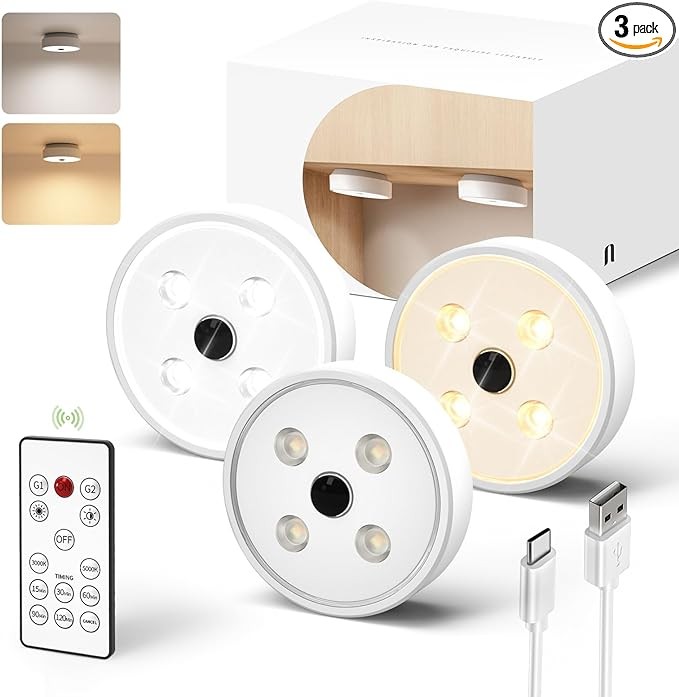 EZVALO Under Cabinet Lights, 2 Color Temps Motion Sensor Puck Lights, 1200mAh Rechargeable Puck Lights, Group Control LED Closet Lihgts, Dimmable Under Counter Lights for Kitchen, Cabinet (3 Pack)