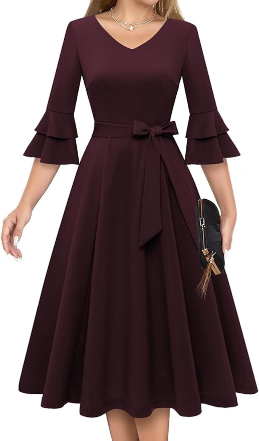 DRESSTELLS Cocktail Dress for Women Elegant & Chic V-Neck Double Bell Sleeve Formal Modest Church Dress for Wedding Guest