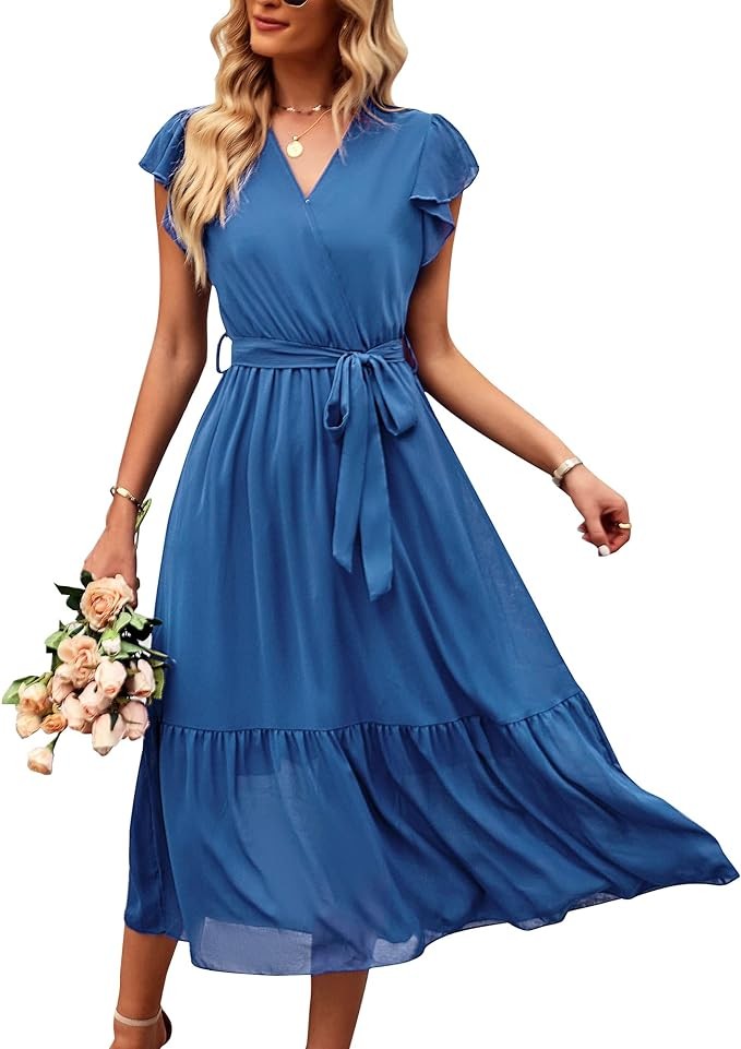 Bequemer Laden Women's Summer Floral Dress Wrap V Neck Short Sleeve Belted Ruffle Beach A-Line Bohemian Maxi Dresses