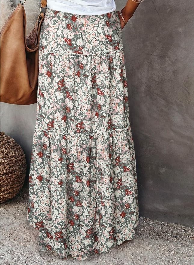 EARKOHA Womens Casual High Waist Tiered Paisley Print Long Maxi Skirt with Pockets