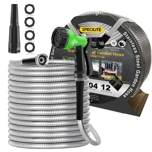 SPECILITE 50ft 304 Stainless Steel Metal Garden Hose, Heavy Duty Water Hoses with 2 Nozzles for Yard, Outdoor - Flexible, Never Kink & Tangle, Puncture Resistant