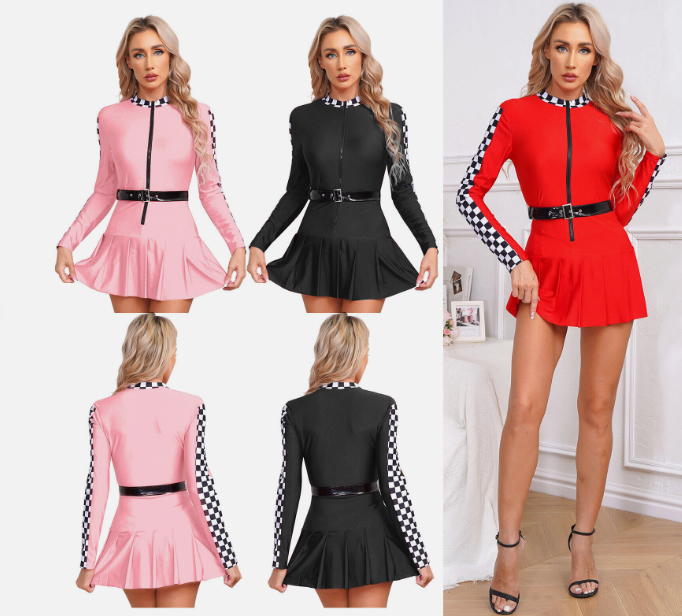 Womens Racer Dress Dance Pleated Skirt Front Zipper Checkerboard Cosplay Sexy