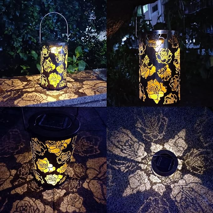 Solar Lanterns Outdoor Waterproof Garden Decor Made of Metal, Solar Hanging Lanterns Engraved with Roses Decorative for Yard, Home Decor, Patio, A Gardening Gifts for Women.