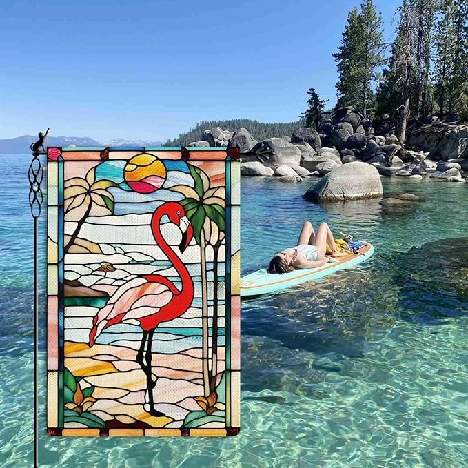 Welcome Summer Garden Flag Spring Summer Flamingo Garden Flag Stained Glass Style Vertical Double Sided Rustic Farmland Burlap Yard Lawn Outdoor Decor 12.5x18"