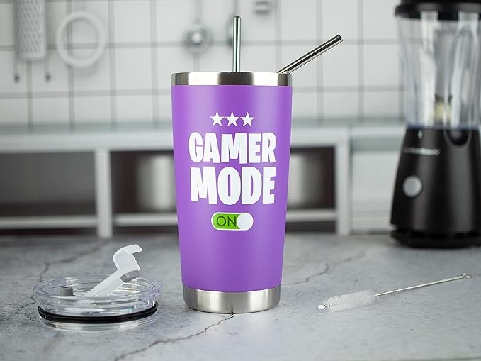JENVIO Gamer Gifts for Men - Gamer Mode ON - Stainless Steel Tumbler for Coffee/Cold Drinks w Lid and 2 Straws | Gift Idea Gamer Cup - Video Gamer Mug Boys Valentine's Day Gift (20 Ounce Purple)