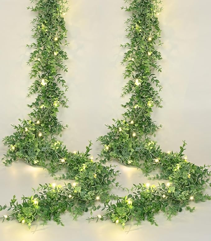 MARTINE MALL Eucalyptus Garland with Lights, 2 Pack 12FT Artificial Greenery Garland Eucalyptus Vines, Hanging Eucalyptus Garlands for Wall Table Arch Wedding Backdrop Party Home Decor (Grey Green)