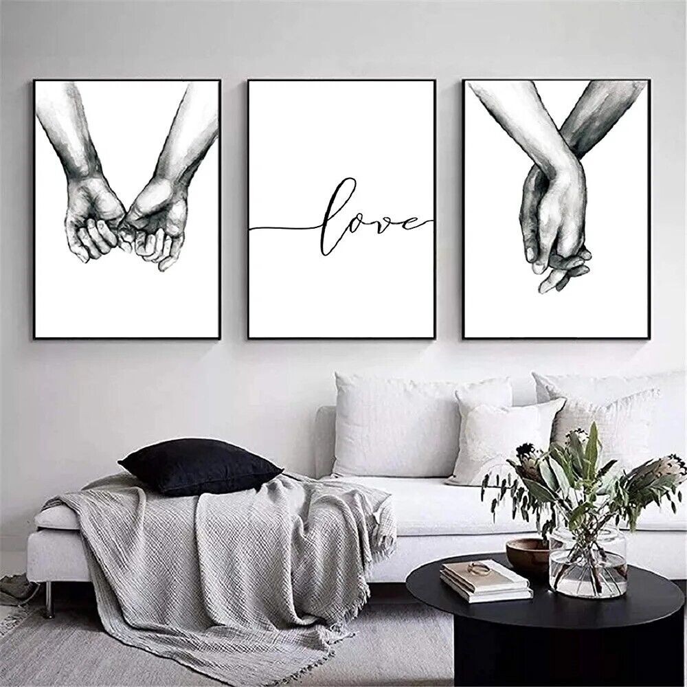 Love and Hand in Hand Wall Art Canvas Print Poster Black and White Sketch Art...