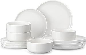 MALACASA Plates and Bowls Sets, 12 Pieces Porcelain Dinnerware Sets Dishware Sets Chip Resistant Ceramic Dish Set Dining Dinner Ware Service for 4, White, Series LUNA
